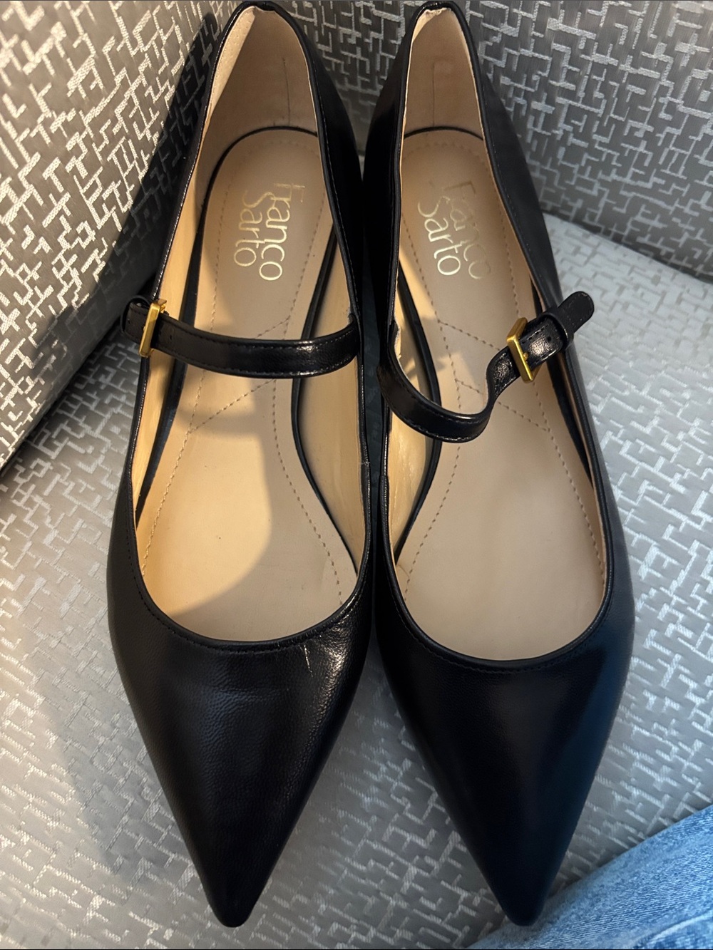Franco Sarto Black Pointed Mary Jane Flats with Gold Buckle in 9 NWT